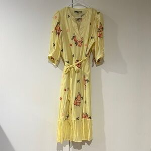 Figueroa & Flower Light Yellow Floral  Midi Dress with Tie Waist